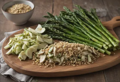 Prebiotic foods on a table: onion, garlic, oats and rye bread