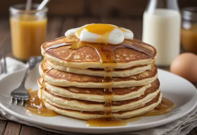 A stack of fluffy golden cottage cheese pancakes on a plate on a bright kitchen table