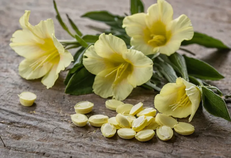 Evening primrose oil capsules and yellow flowers on a wooden background, a sleep and stress supplement guide